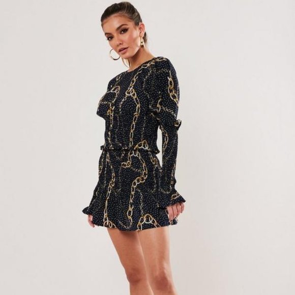 SALE $ NWT Missguided Navy Co Ord Chain Polka Dot Shirred Top US 2 - Picture 3 of 8